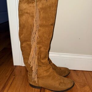 Tan Suede Fringe Knee-High Boots